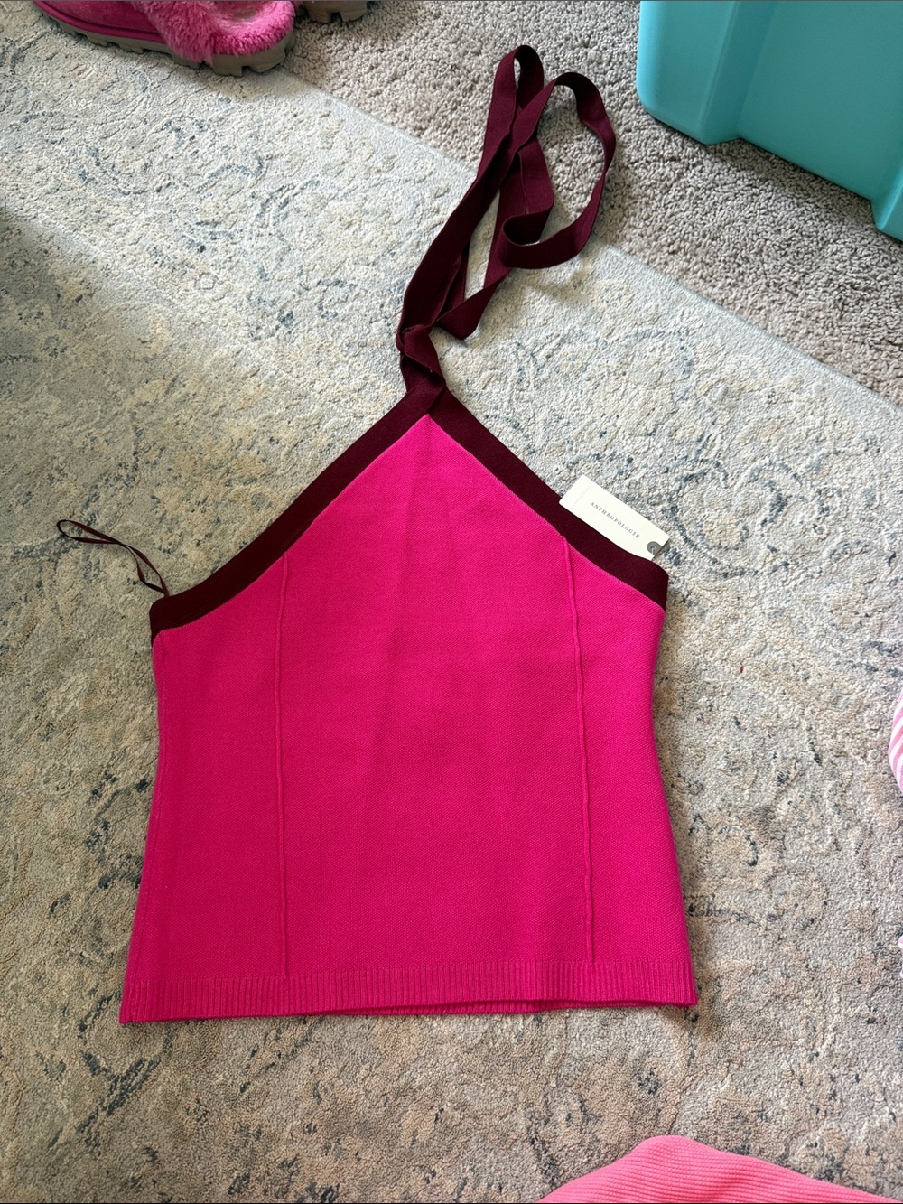 Anthropologie Fuchsia Halter Knit Tank with Maroon Trim